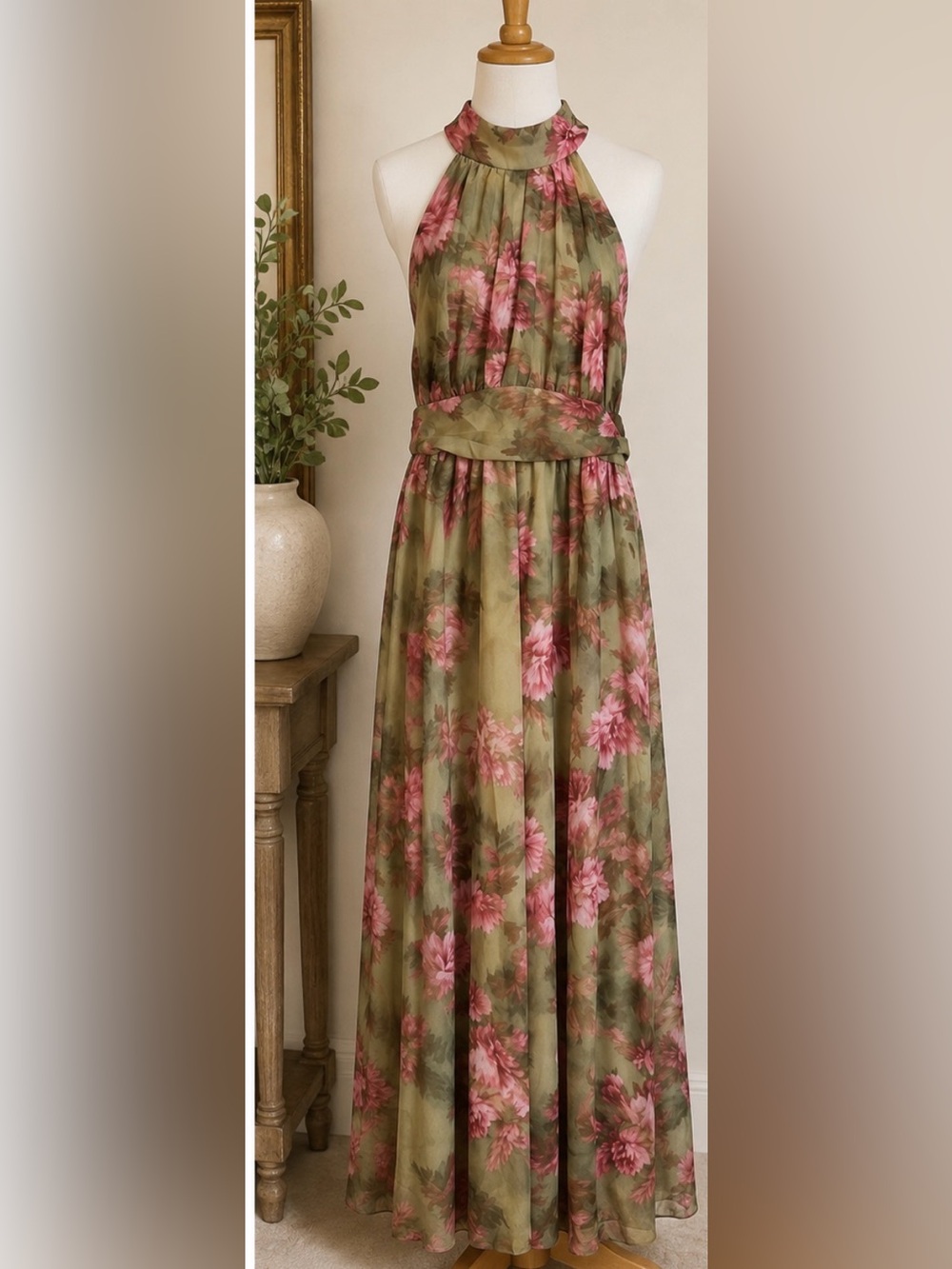 Floral Midi Skirt in Olive Green and Pink